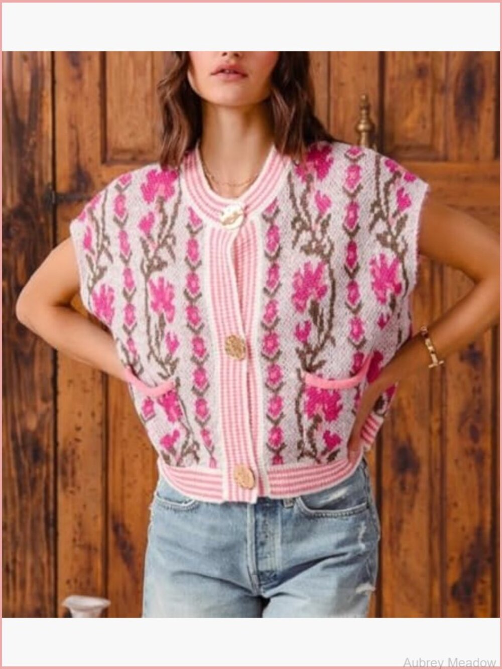 Sleeveless Floral Button Down Knit Sweater Vest Pockets - Picture 2 of 5